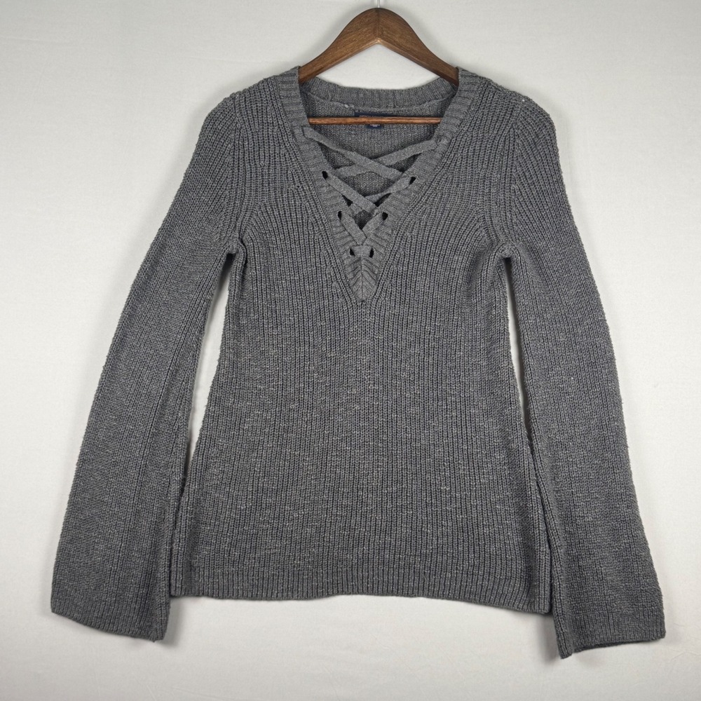 American Eagle Lace Up V-Neck Sweater Womens Medium Gray NWOT Shaker Knit
